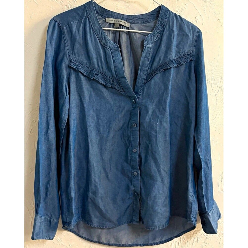 ALEX & PARKER Women’s Blouse S Blue Solid V-Neck Ruffle Button Front LongSlv